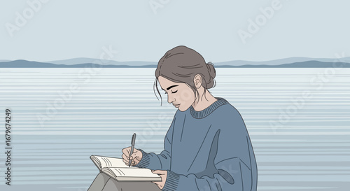 Girl writing in a notebook by the sea with a serene and relaxing atmosphere