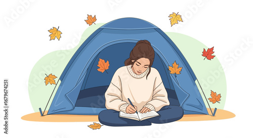 Girl Writing in a Tent During Fall Surrounded by Falling Leaves Peaceful Scene