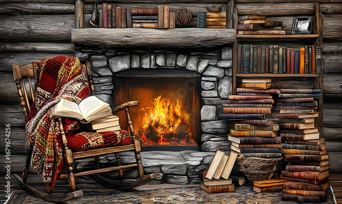 Cozy cabin fireplace with a rocking chair, books, and a burning fire create a warm, inviting reading nook. Bookshelves full too