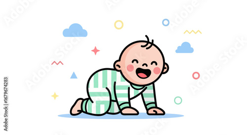 Happy Infant Crawling And Smiling: Colorful Playful Infant Illustration On White Background