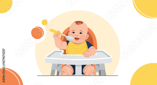 Happy Infant In High Chair Eating, Feeding The Hungry Baby, Vector Illustration