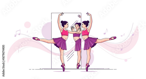 Graceful Ballet Dancers Performing Elegant Movements Before Mirror Reflecting Beauty and Art