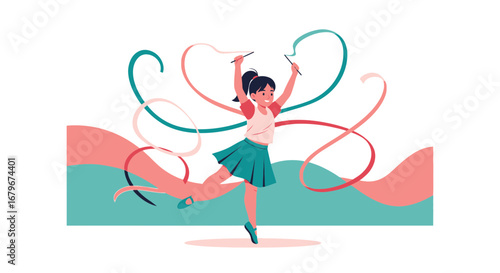 Graceful Girl Rhythmic Gymnastics Performance with Flowing Ribbons in Artistic Style
