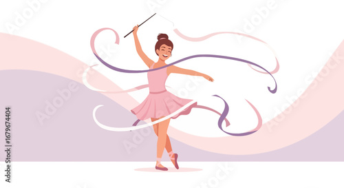 Graceful Gymnast: A Dynamic Illustration of Ribbon Dancing with Uplifting Expression