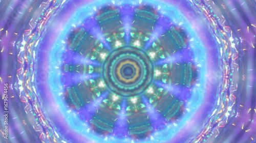 Pulsating neon lights arranged in a kaleidoscopic pattern, rhythmically moving with vibrant symmetry and sparkling hypnotic movement