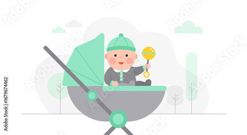 Happy Infant Rides in Carriage While Clenching Toy, Perfect Visual for Childhood Moments