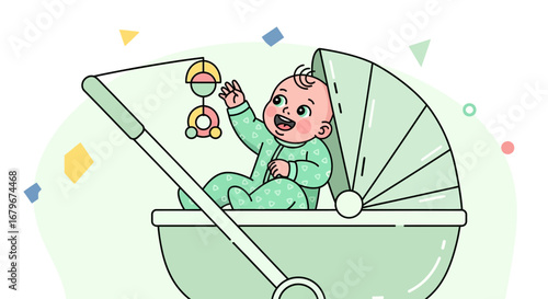 Happy Infant Reaching For Mobile Inside Pastel Green Stroller, Vector Illustration