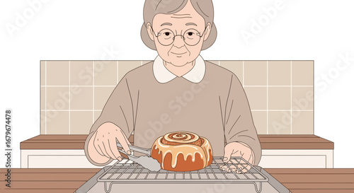 Grandmother baking a cinnamon roll in the kitchen ready to be served  illustration