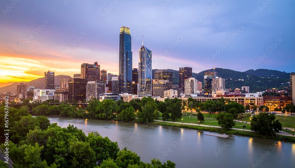 Fototapeta premium City skyline at sunset over a river (5)