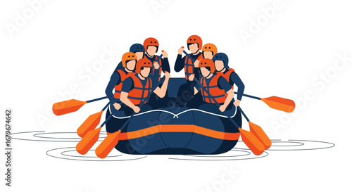 Group Of Adventurers Enjoying Whitewater Rafting, Vector Illustration, Isolated On White.