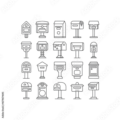Collection of various black outline mailbox icons on white background post box delivery