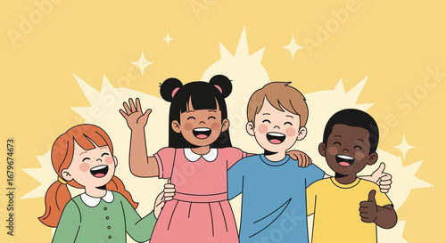 Happy kids friends embracing each other enjoying their time together celebrating joy