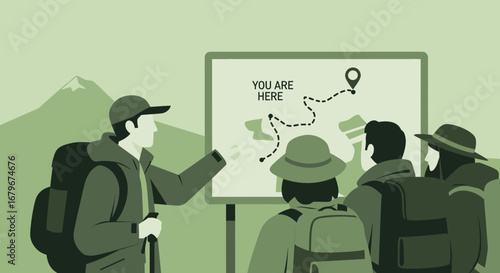 Group Of Adventurers Following A Map To Discovering New And Exciting Destinations