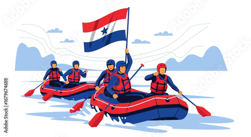 Group of adventurers whitewater rafting with a flag in a beautiful natural environment