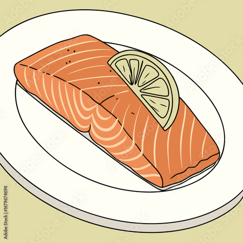 Illustration of a salmon fillet with lemon on a plate