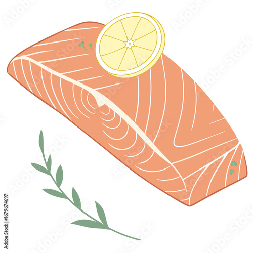 Illustration of a salmon fillet with lemon and herb
