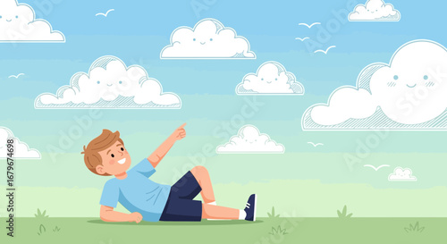Happy little boy lying on the grass admiring clouds in the sky illustration