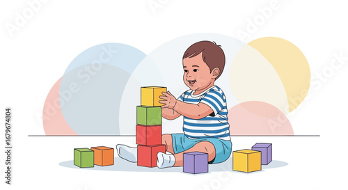 Happy Little Child Building Block Tower With Colorful Blocks, Playing, Learning, and Joy