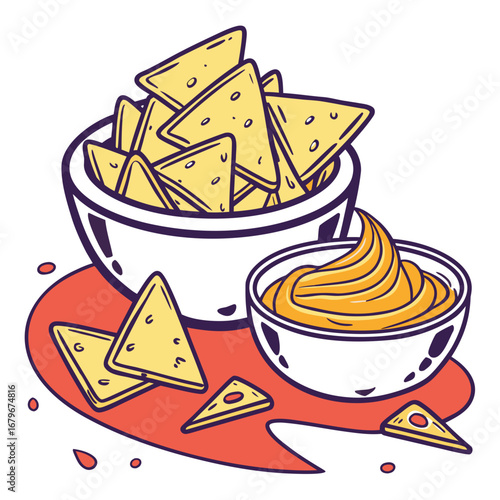 Illustration of nachos with cheese dip