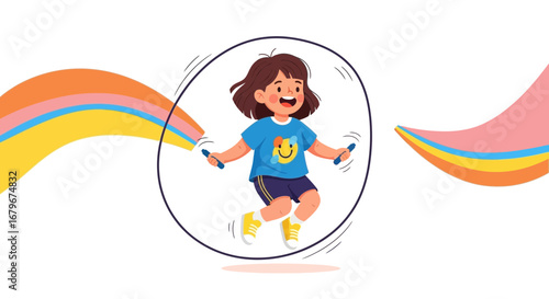 Happy little girl jumping rope with joy on a white background during the day