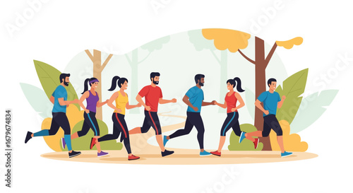 Group Of Friends Running Together In The Park, Promoting Fitness and A Healthy Lifestyle