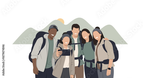 Group of Friends Hiking and Taking a Selfie in the Mountains Vector Illustration