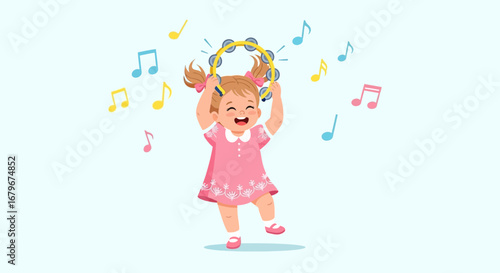 Happy Little Girl Playing Tambourine with Musical Notes Cartoon Illustration