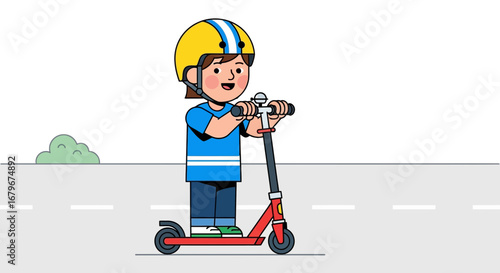 Happy Little Kid Riding A Red Scooter While Wearing Safety Helmet Outdoors