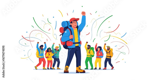 Group of hikers celebrating their success after a trip to the mountains outdoor adventure
