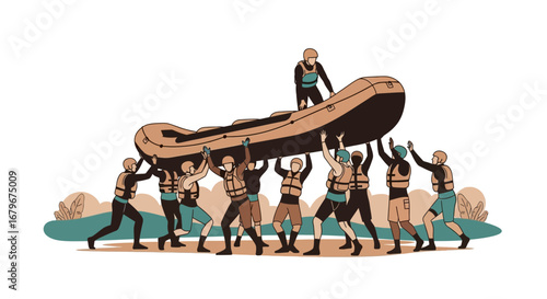Group Of People Lifting Raft Preparing For Adventure On The Water