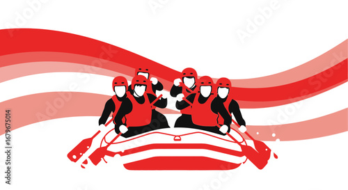 Group of people in a white water rafting boat with abstract red lines in the background