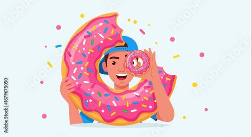 Happy person holding a donut, looking through another donut, with confetti around