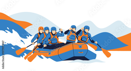 Group of people rafting down a river, outdoor adventure concept