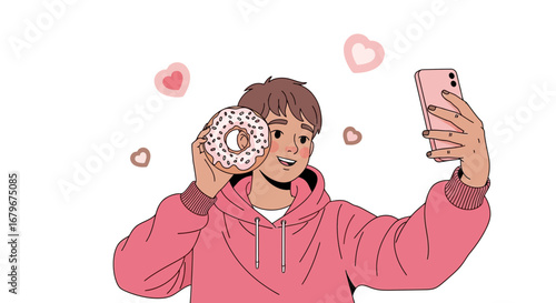 Happy person taking a selfie with a donut celebrating their love for snacks and food