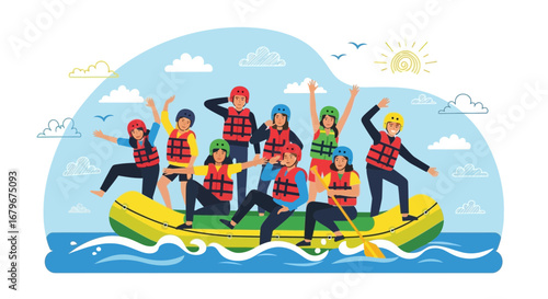 Group of people rafting on a river enjoying the outdoors and having fun together