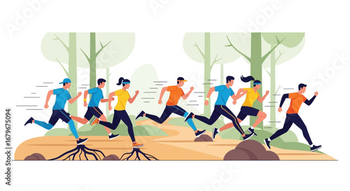 Group of people running in the park, outdoor activity and healthy lifestyle concept