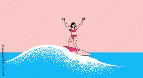 Happy surfer girl enjoying the wave with a surfboard in the ocean water