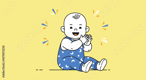 Happy Toddler Clapping, Cheerful Child, Animated Illustration on a Sunny Yellow Backdrop