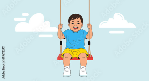 Happy toddler enjoying a swing ride on a sunny day with clouds in the background