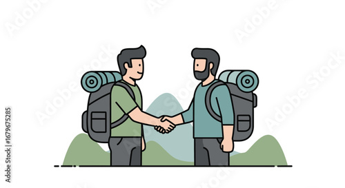 Handshake Between Two Hikers, Mountains in Background, Adventure and Friendship Illustration