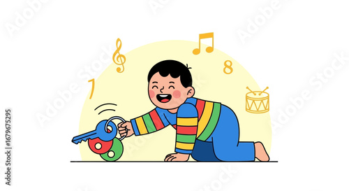 Happy Toddler Reaching for Colorful Keys and Musical Notes in Whimsical Illustration