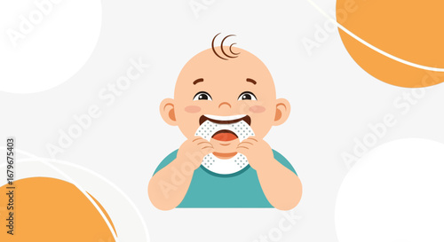 Happy Baby Biting Teething Ring While Smiling, A Playful Vector Illustration