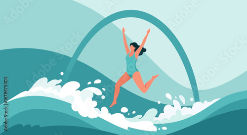 Happy woman jumping with joy in water feeling free and enjoying summer moments