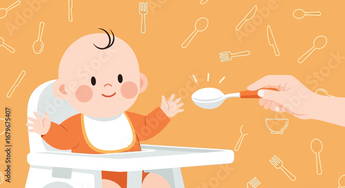 Happy Baby Being Fed Food From a Spoon in a Cheerful, Animated Illustration