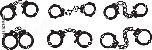 Set of Handcuff Icons Collection – Police Arrest Shackles, Security Chains, Prison Lock Symbol Vector Illustration