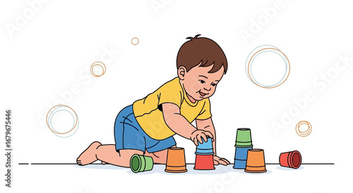 Happy baby boy playing stacking colorful cups concept illustration graphic design