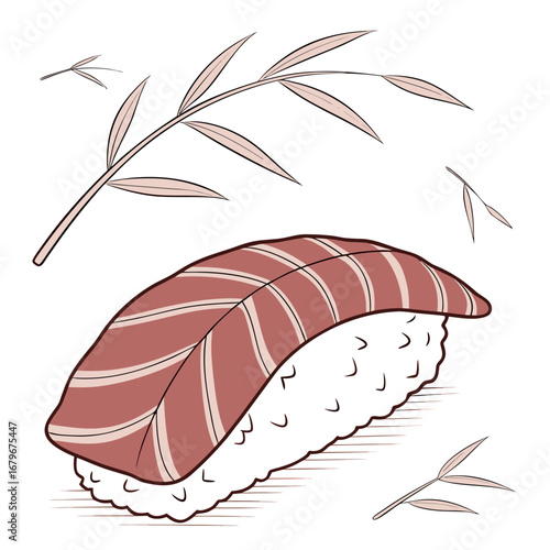 Vector art of sushi with salmon and bamboo leaves