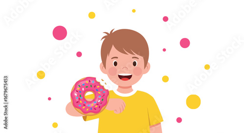 Happy young boy eating a donut, sweet dessert, isolated on white background