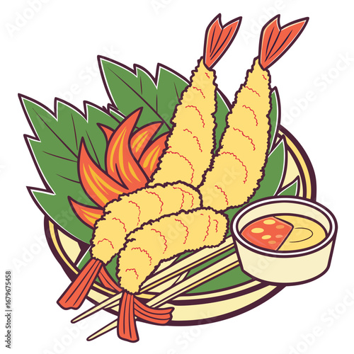 Vector art of three shrimp tempura with dipping sauce