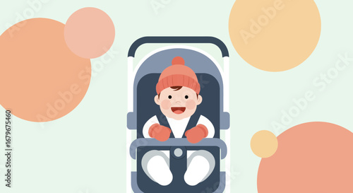 Happy Baby Boy Sitting Safely in a Stroller Amidst Abstract Colorful Shapes Design